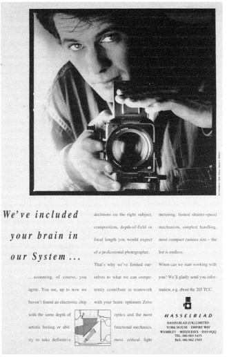 Anúncio de máquina fotográfica Hasselblad.